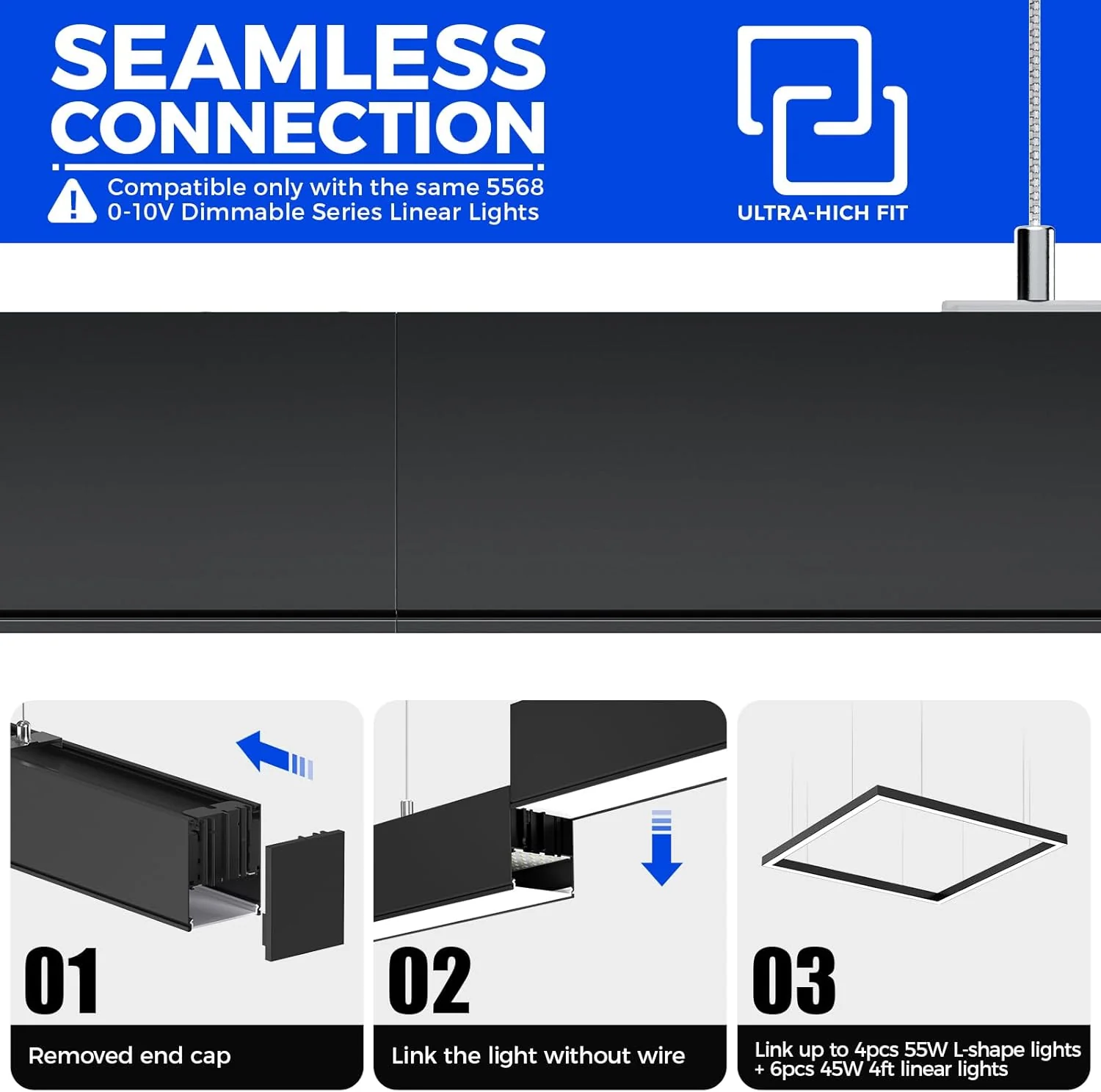 Barrina 5568-0-10V Series 2nd-Generation 226W Square Set LED Linear Lights 5FT * 5FT 3000K - 6000K 21600LM | Seamless Connection & Dimmer Not Included - Image 3